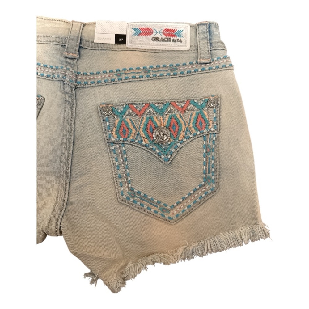 Grace Jean Shorts with Distressed Hem Turquoise and Pink Embroidered 27 - Picture 3 of 5